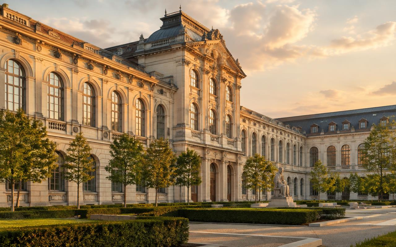 The university campus at golden hour